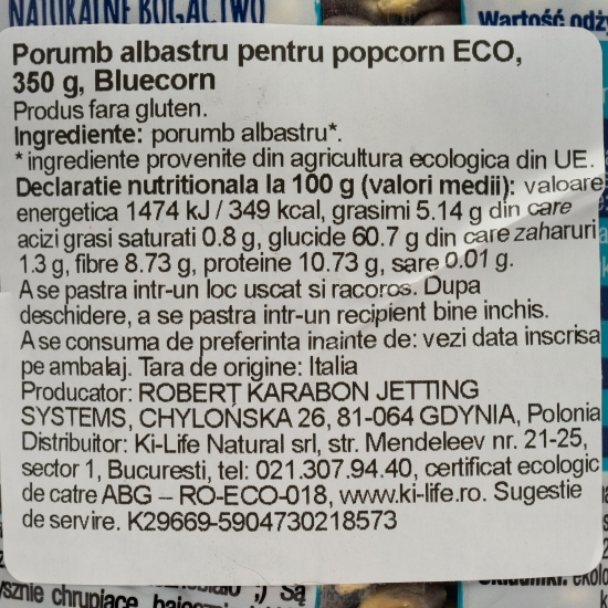 Porumb albastru pentru popcorn eco, Bluecorn 350g