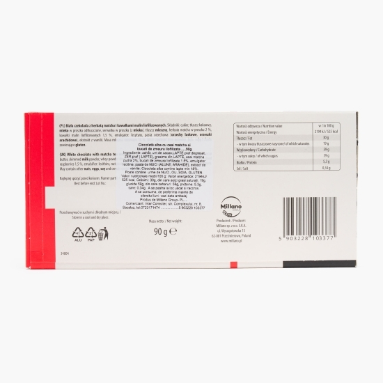 Ciocolată albă cu matcha și bucăți de zmeură liofilizată 90g