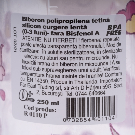 Biberon decorat roz, 0-3 luni, 250ml
