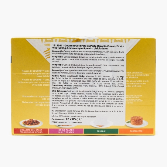 Hrană umedă pentru pisici Gourmet Gold, 12x85g, mix de arome (pește oceanic, curcan, ficat și vită)