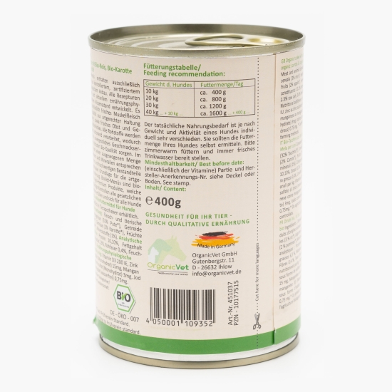 Hrană eco umedă pentru câini, 400g, cu orez, morcov, curcan și mere