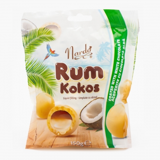 Drajeuri cu cocos acoperite cu ciocolată albă și umplute cu rom 150g