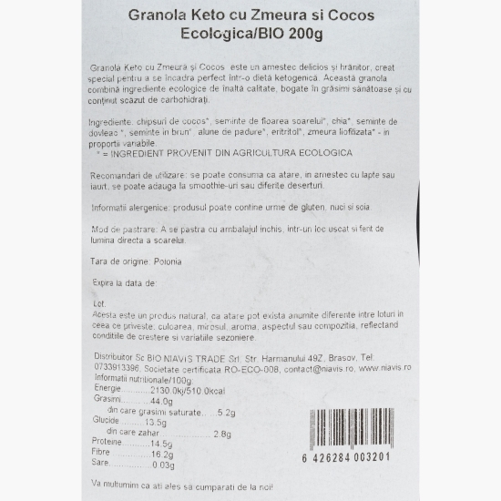 Granola Keto cu zmeură și cocos, ecologică 200g