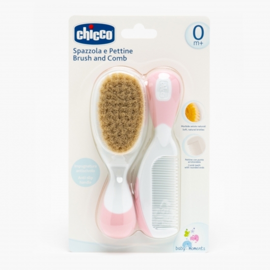 Set pieptăn + perie din păr natural pentru copii, roz, +0 luni