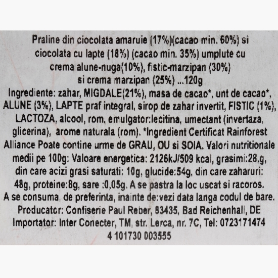 Praline din ciocolată amăruie și ciocolată cu lapte, umplute cu cremă alune-nuga și fistic-marzipan, Mozart Kugeln, 120g