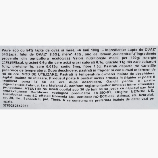 Piure eco cu 54% băutură de ovăz și mere, +6 luni, 100g