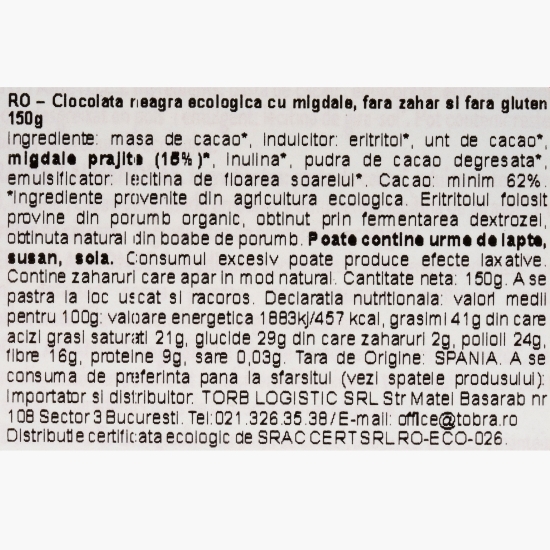 Ciocolată neagră eco cu migdale întregi, fără zahăr adăugat 150g