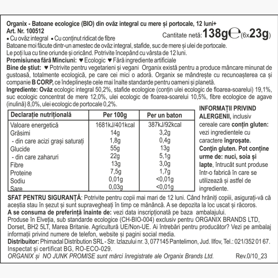 Batoane ecologice din ovăz integral cu mere și portocale, 6x23g, 12+ luni
