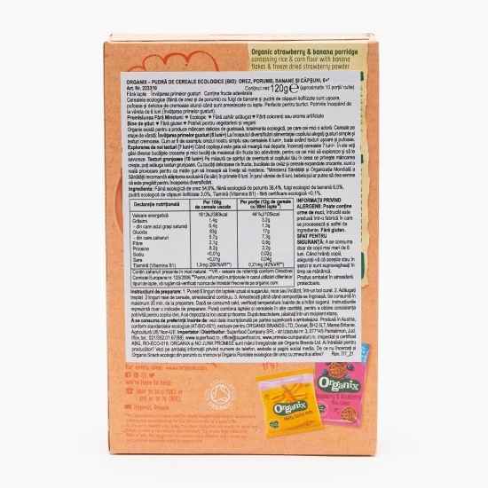Pudră de cereale eco orez, porumb, banane și căpșuni 120g
