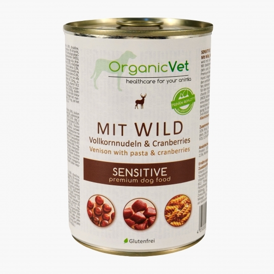 Hrană umedă pentru câini Sensitive, 400g, vânat, merișoare și paste