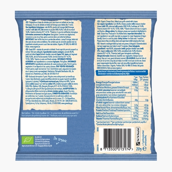 Snack ecologic din porumb cu brânză 20g, 7+ luni