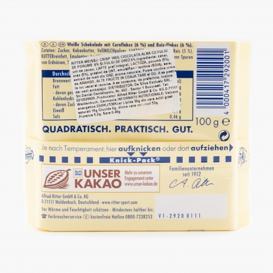 Ciocolată albă cu fulgi de porumb și fulgi de orez 100g