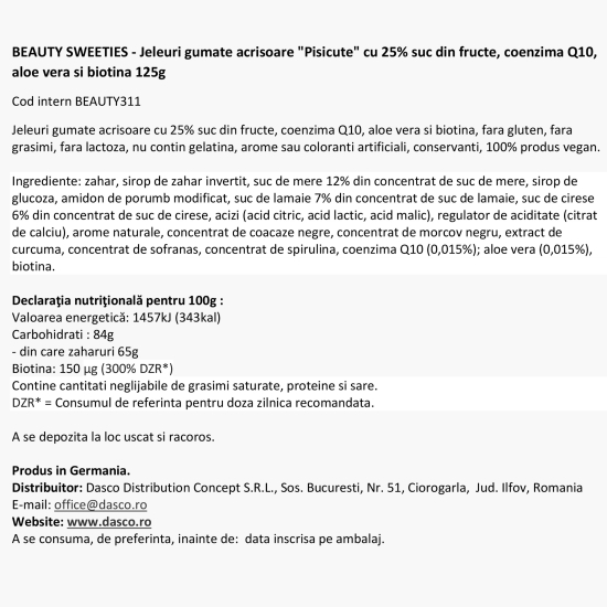 Jeleuri gumate acrișoare cu aromă de fructe, coenzima Q10, aloe vera și biotină 125g