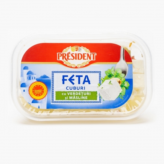 Brânză Feta cuburi cu verdețuri și măsline 150g