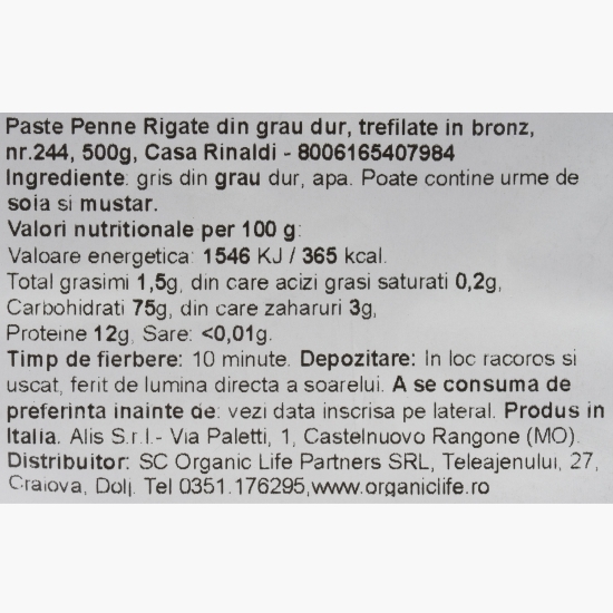Paste Penne Rigate din grâu dur, trefilate în bronz 500g
