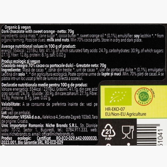 Ciocolată neagră eco cu portocale dulci, fără gluten, 70g