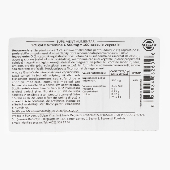 Vitamina C 500mg, 100 capsule vegetale