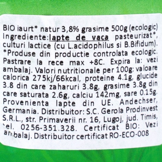 Iaurt natur eco 3.8% grăsime 500g 