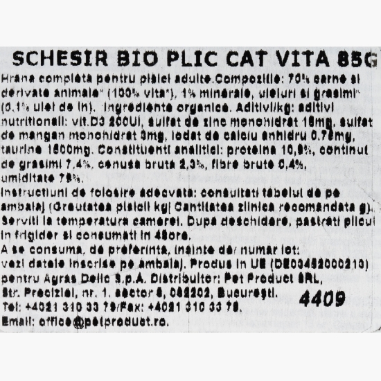 Hrană umedă eco pentru pisici, 85g cu vită