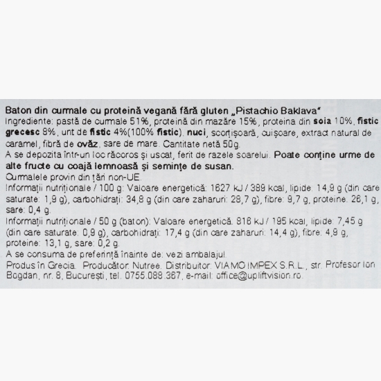 Baton proteic din curmale Pistachio Baklava, fără gluten, vegan, 50g
