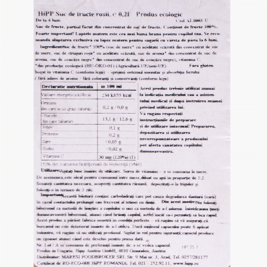 Suc de fructe roșii eco, +4 luni, 200ml