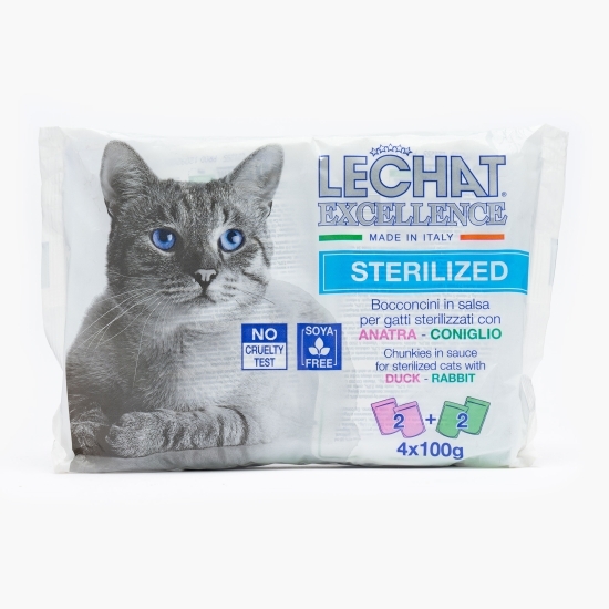 Hrană umedă completă pentru pisici sterilizate, cu rață și iepure, 4 plicuri x 100g
