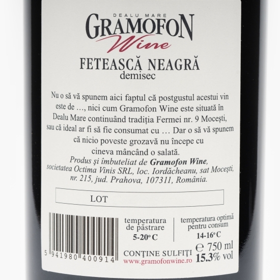 Vin roșu demisec Fetească Neagră, 15.3%, 0.75l