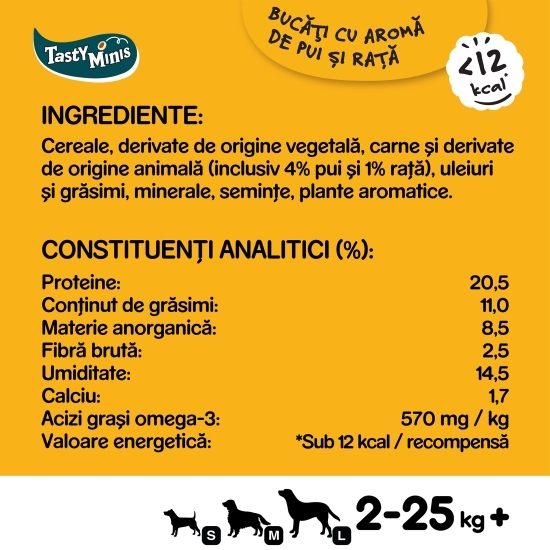Recompense pentru câini adulți, 130g, Tasty Minis cu aromă de pui și rată