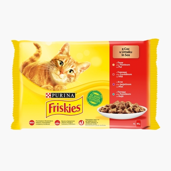 Hrană umedă pentru pisici adulte, 4x85g,cu pui, vită, miel și rață în sos