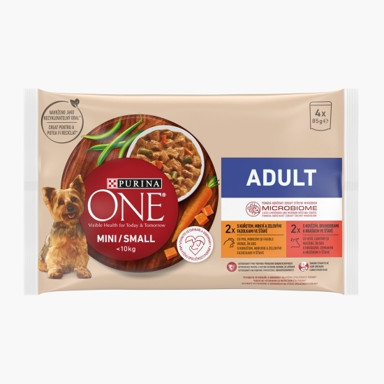 Hrană umedă pentru câini adulți One Mini, multipack - pui și morcov & vită și cartofi, 4 buc x 85g