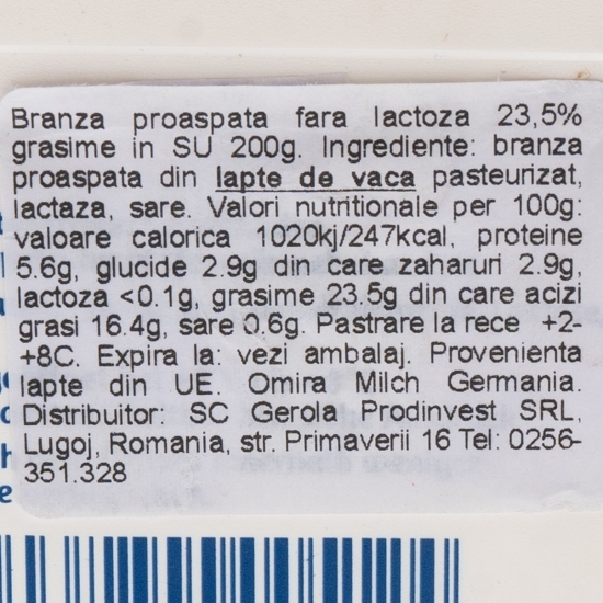 Brânză proaspătă fără lactoză 23.5% grăsime 200g