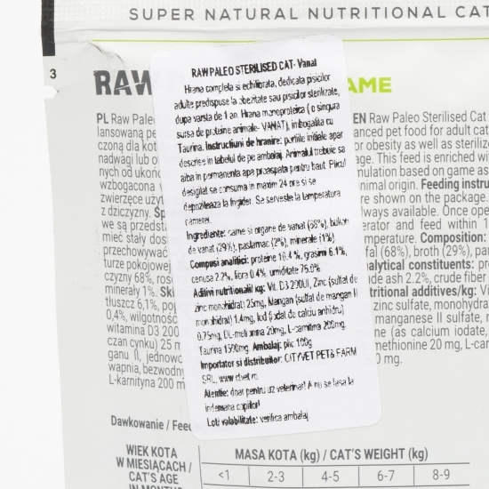 Hrană umedă pentru pisici, 100g, Sterilised Cat, vânat