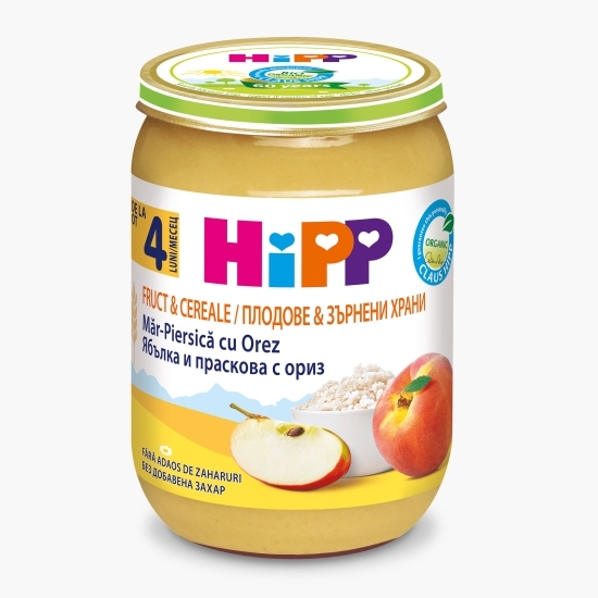 Gustare ecologică măr-piersică cu orez, +4 luni, 190g