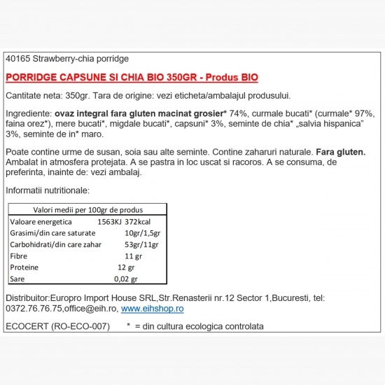 Porridge eco cu căpșuni și chia 350g