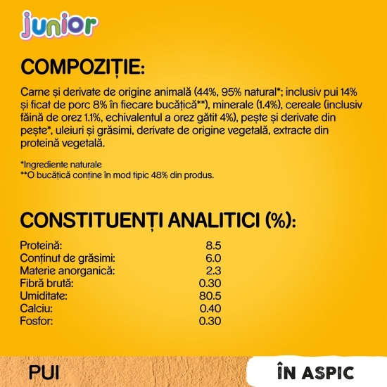 Hrană umedă pentru câini juniori, 100g, cu pui în aspic