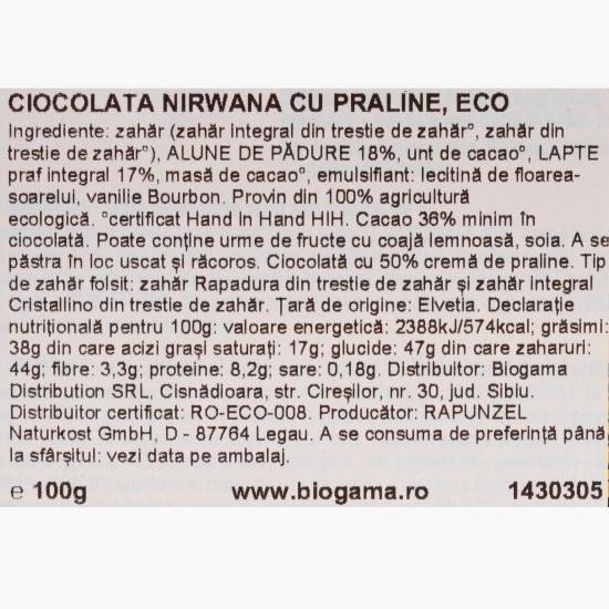 Ciocolată cu praline Nirwana eco, 100g