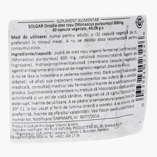 Drojdie orez roșu 600mg, 60 capsule vegetale