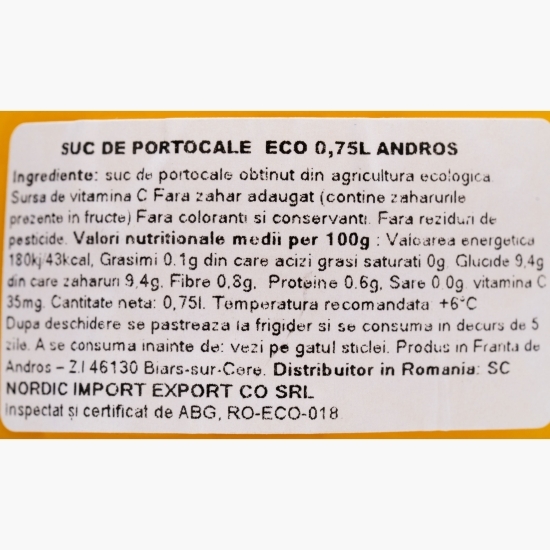 Suc de portocale eco fără zahăr adăugat 0.75l