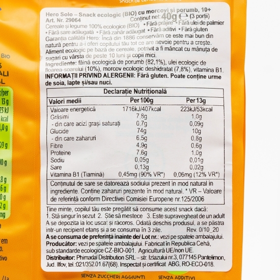 Snack eco cu morcovi și porumb, +10 luni, 40g