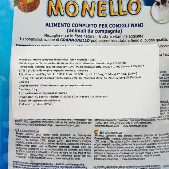 Hrană completă iepuri mici Gran Monello 1kg
