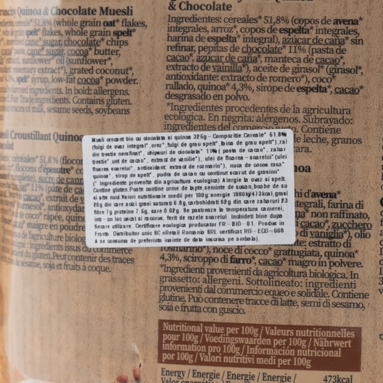 Musli crocant eco cu ciocolată și quinoa 325g