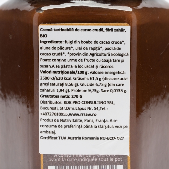 Cremă tartinabilă de cacao crudă eco fără zahăr 270g