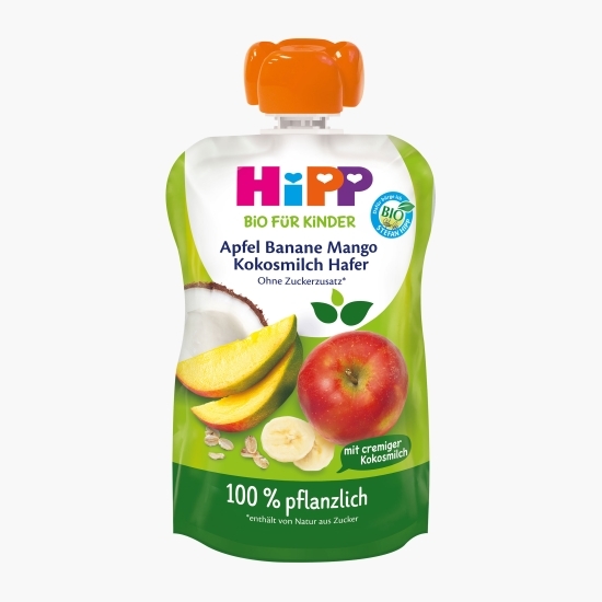 Piure eco din fructe cu mere, banane, mango și lapte de cocos, cu ovăz, fără zahăr adăugat, 100g