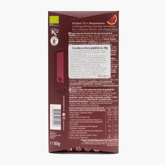 Ciocolată vegană cu chia și grepfrut eco 70% cacao, 60g