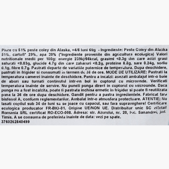 Piure eco cu 51% pește Coley din Alaska, +4/6 luni, 60g