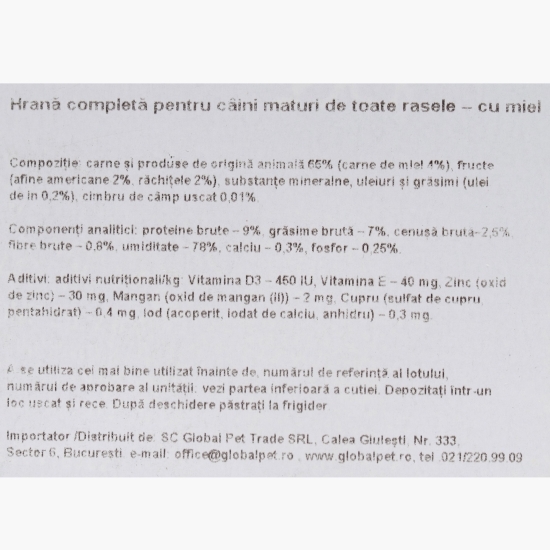 Hrană umedă pentru câini adulți, cu miel, afine și merișoare, 500g