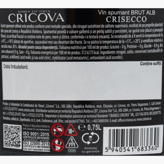 Vin spumant alb brut Crisecco, 12.5%, 0.75l