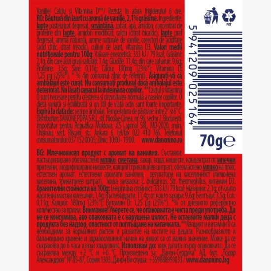 Iaurt de băut cu aromă de vanilie, 2.1% grăsime, 70g