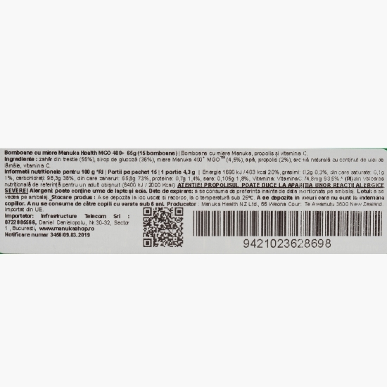  Bomboane cu miere de Manuka MGO 400+, Vitamina C, propolis, 65g