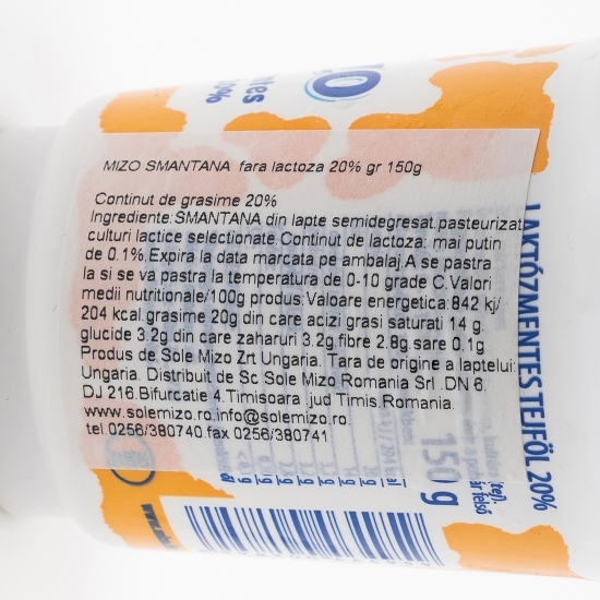 Smântână fără lactoză, 20% grăsime, 150g